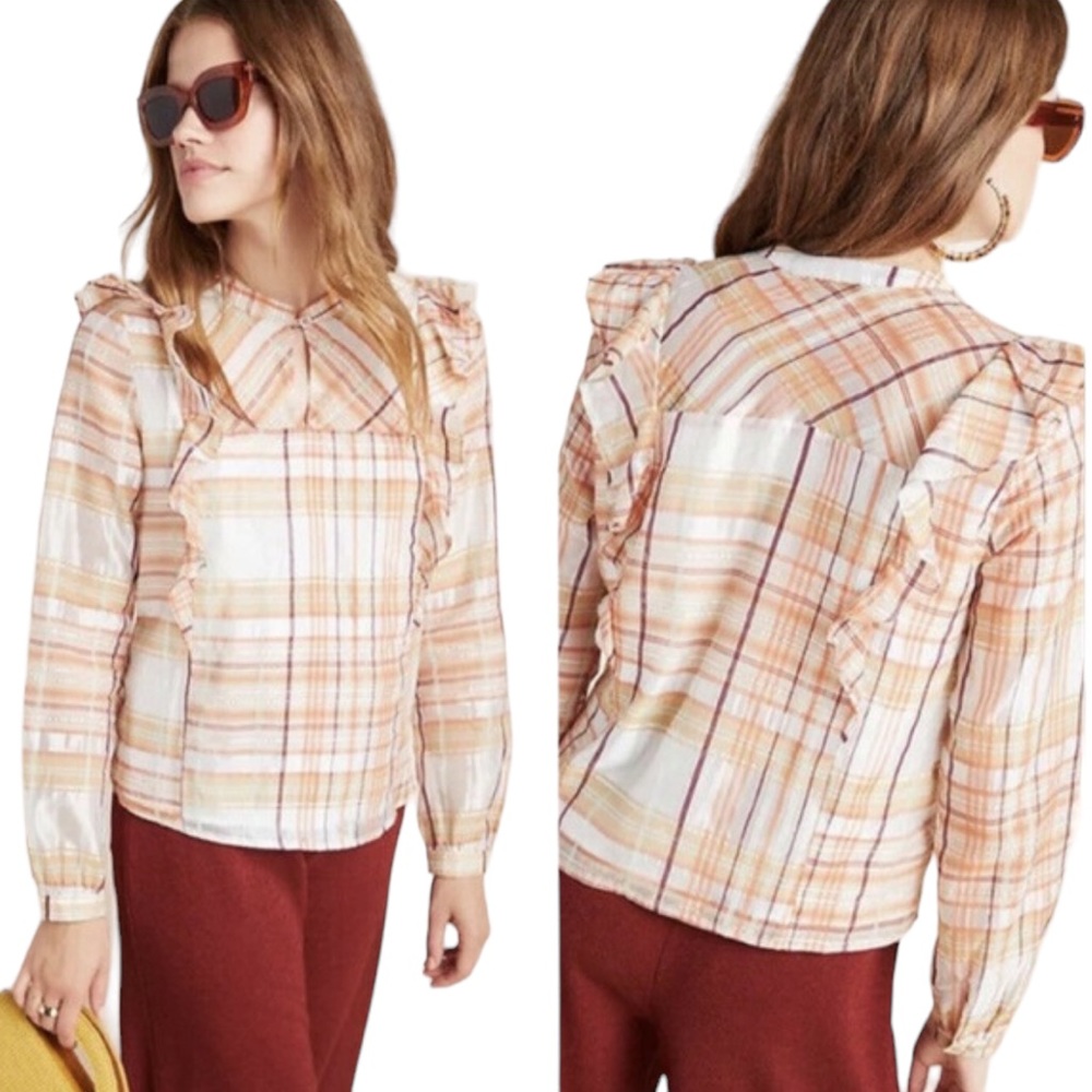Current Air for Anthropologie “Polly” Ruffle Plaid Blouse